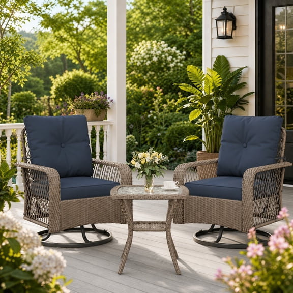 POTEBAN 3 Pieces Patio Furniture Set, Outdoor Swivel Gliders Rocker, Glass Top Side Table (Blue)