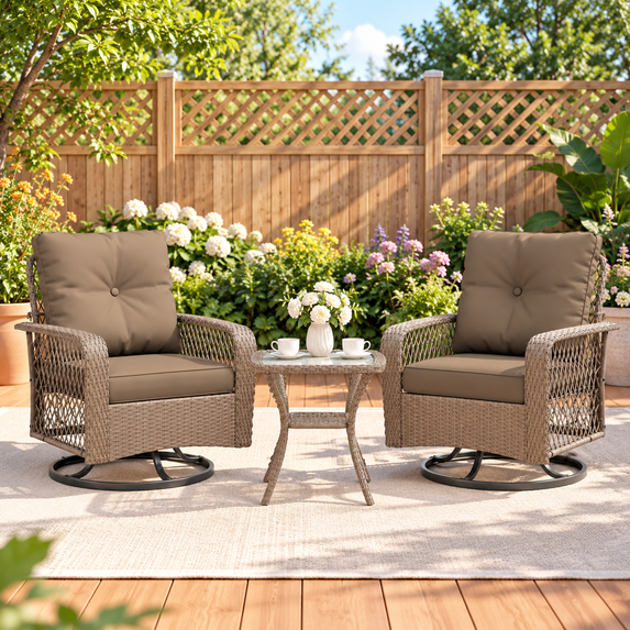 POTEBAN 3 Pieces Patio Furniture Set, Outdoor Swivel Gliders Rocker, Glass Top Side Table (Brown)