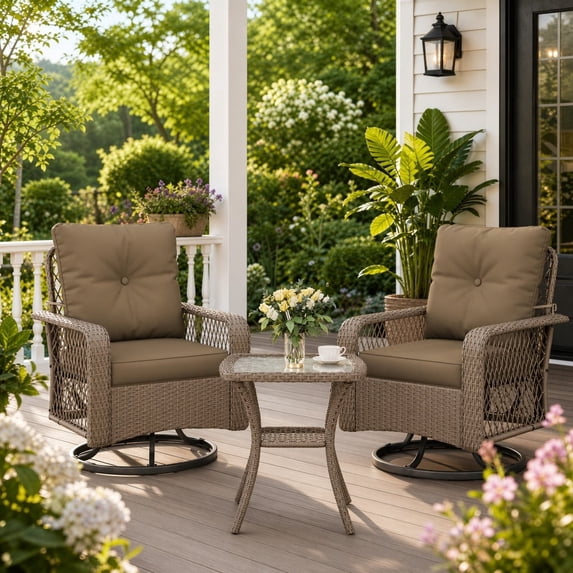 POTEBAN 3 Pieces Patio Furniture Set, Outdoor Swivel Gliders Rocker, Glass Top Side Table (Brown)