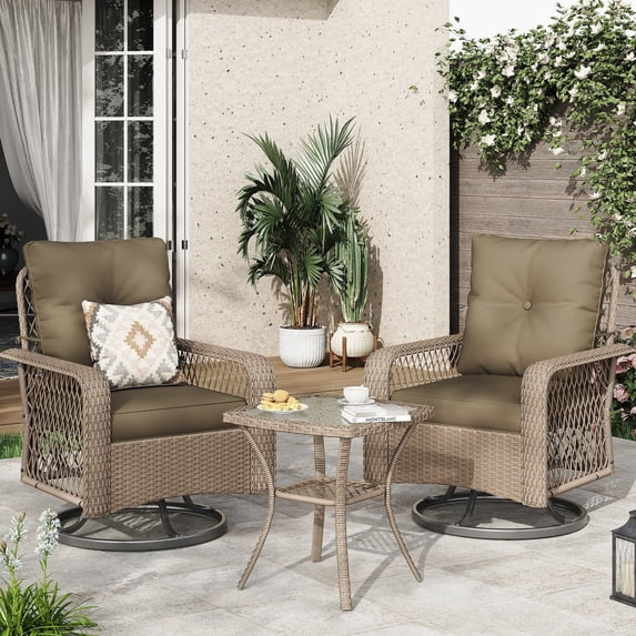 POTEBAN 3 Pieces Patio Furniture Set, Outdoor Swivel Gliders Rocker, Glass Top Side Table (Brown)