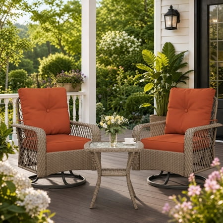 POTEBAN 3 Pieces Patio Furniture Set, Outdoor Swivel Gliders Rocker, Glass Top Side Table (Orange)