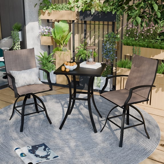 POTEBAN 3-piece Outdoor Swivel Bar Stool Set,2 Patio Metal High Back And Armrest Bar chairs With Bar Table for Backyard,Lawn Garden,Balcony,Pool