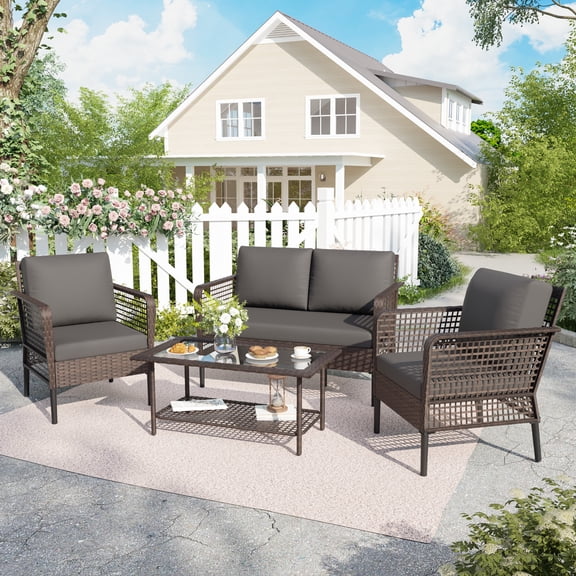 POTEBAN 4-Piece Wicker Outdoor Patio Conversation Set with Coffee Table, Brown Rattan Sofa Set for Balcony, Porch, Backyard, Grey
