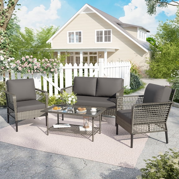 POTEBAN 4-Piece Wicker Outdoor Patio Conversation Set with Coffee Table, Grey Rattan Sofa Set for Balcony, Porch, Backyard, Grey