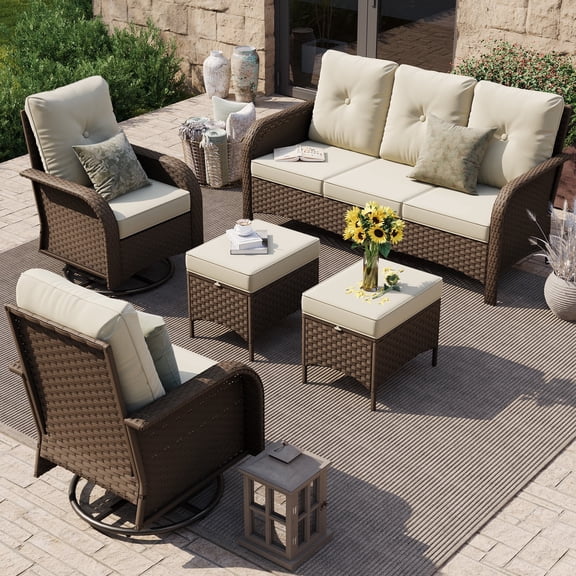 POTEBAN 5-Piece Outdoor Patio Furniture Set, PE Wicker Sectional Sofa with Swivel Rocking Chairs and Ottomans, Beige