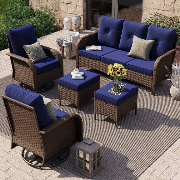 POTEBAN 5-Piece Outdoor Patio Furniture Set, PE Wicker Sectional Sofa with Swivel Rocking Chairs and Ottomans, Navy Blue