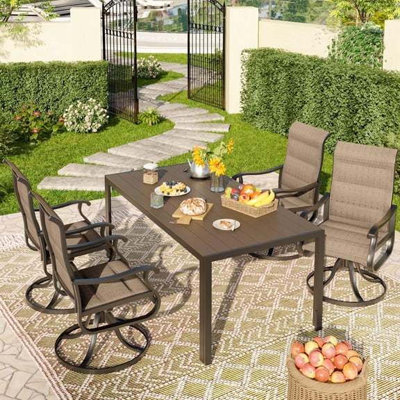 POTEBAN 5-Piece Outdoor Dining Set with High-Back Padded Swivel Chairs & Iron Rectangle Table for 4-Person, Khaki & Khaki