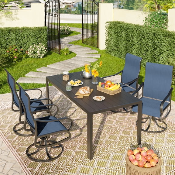 POTEBAN 5-Piece Outdoor Dining Set with High-Back Swivel Chairs & Iron Rectangle Table for 4-Person, Black & Navy Blue