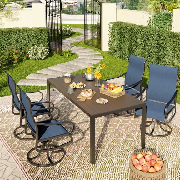 POTEBAN 5-Piece Outdoor Dining Set with High-Back Swivel Chairs & Iron Rectangle Table for 4-Person, Khaki & Navy Blue