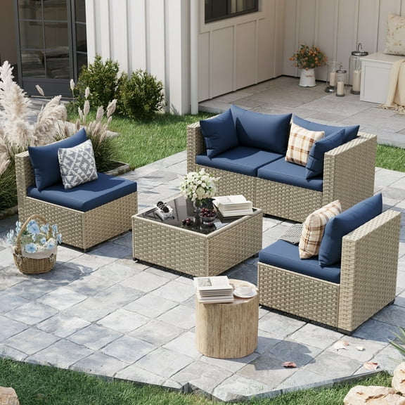 POTEBAN 5 Pieces Outdoor Patio Furniture Set, Outdoor Wicker Patio Conversation Set with Cushions for Backyard, Porch, Garden(Navy Blue)