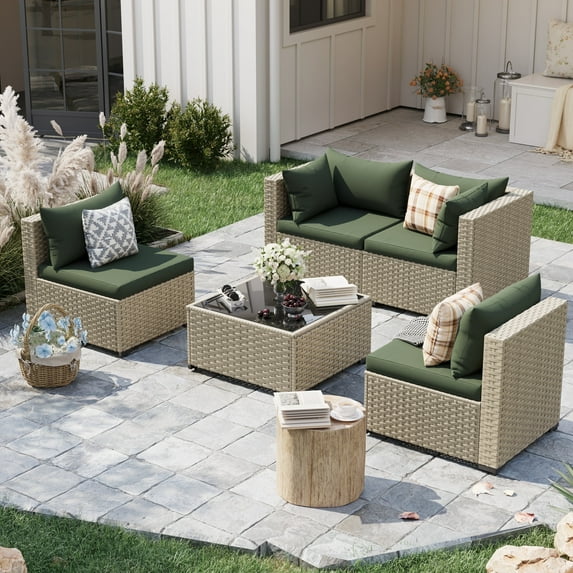 POTEBAN 5 Pieces Outdoor Sectional Conversation Sets with Sofa and Table, Grey Rattan Wicker Sofa Set with Cushions for Backyard, Green