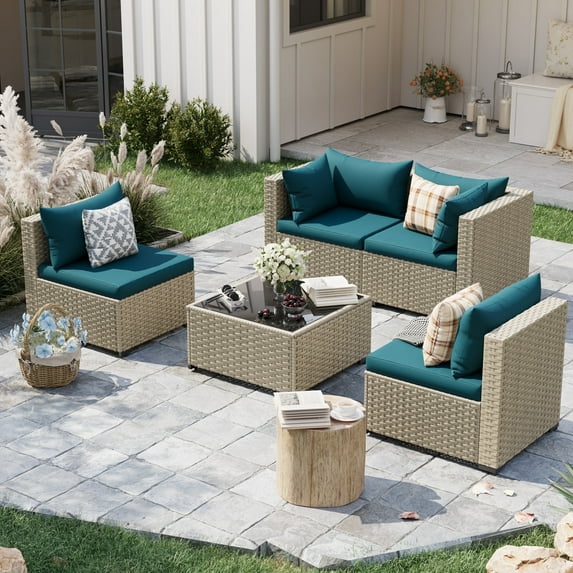 POTEBAN 5 Pieces Patio Furniture Sets, Modular Rattan Outdoor Patio Sectional Furniture Sofa Set, Wicker Patio Conversation Set for Backyard, Peacock Blue