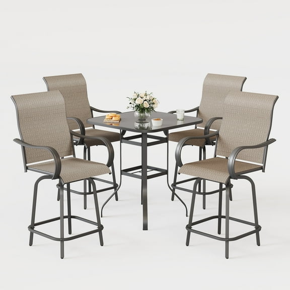 POTEBAN 5 Pieces Patio Swivel Bar Set, All Weather Outdoor High Top Bar Stool Bistro Set with 4 Bar Chairs and Glass Table for Home, Backyard, Garden, Lawn, Porch
