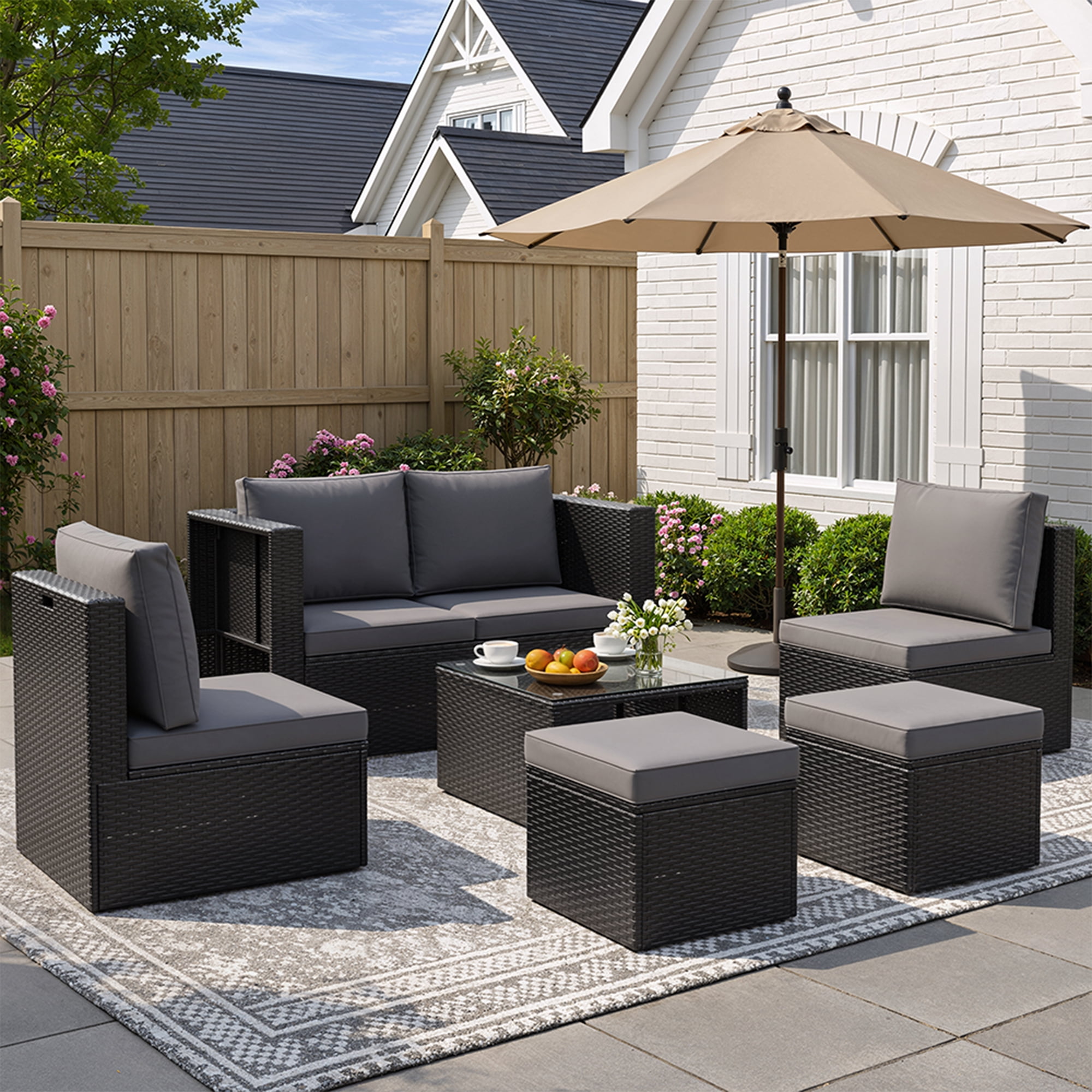 POTEBAN 6-Piece Space-Saving Patio Furniture Set, All Weather Black Wicker Rattan Sectional Sofa with 2 Ottomans, Outdoor Conversation Set for Garden, Backyard, Gray Cushions