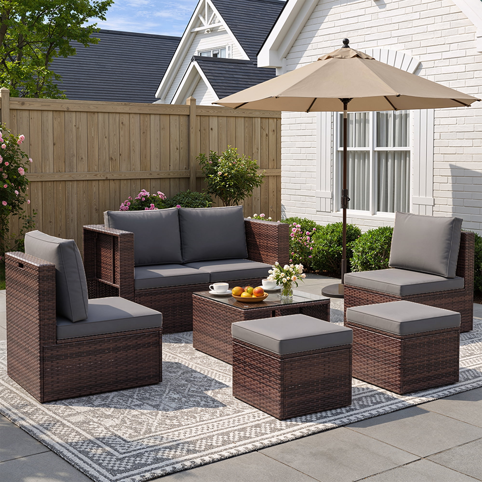 POTEBAN 6-Piece Space-Saving Patio Furniture Set, All Weather Brown Wicker Rattan Sectional Sofa with 2 Ottomans, Outdoor Conversation Set for Garden, Backyard, Gray Cushions