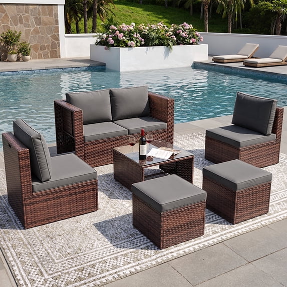 POTEBAN 6-Piece Space-Saving Patio Furniture Set, All Weather Brown Wicker Rattan Sectional Sofa with 2 Ottomans, Outdoor Conversation Set for Garden, Backyard, Gray Cushions