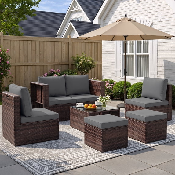 POTEBAN 6-Piece Space-Saving Patio Furniture Set, All Weather Brown Wicker Rattan Sectional Sofa with 2 Ottomans, Outdoor Conversation Set for Garden, Backyard, Gray Cushions