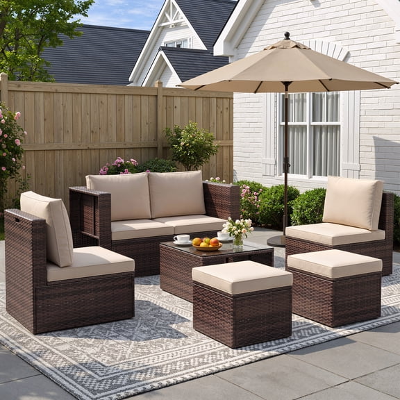 POTEBAN 6-Piece Space-Saving Patio Furniture Set, All Weather Brown Wicker Rattan Sectional Sofa with 2 Ottomans, Outdoor Conversation Set for Garden, Backyard, Khaki Cushions