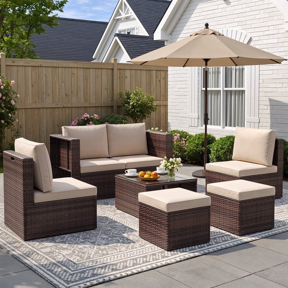 POTEBAN 6-Piece Space-Saving Patio Furniture Set, All Weather Brown Wicker Rattan Sectional Sofa with 2 Ottomans, Outdoor Conversation Set for Garden, Backyard, Khaki Cushions