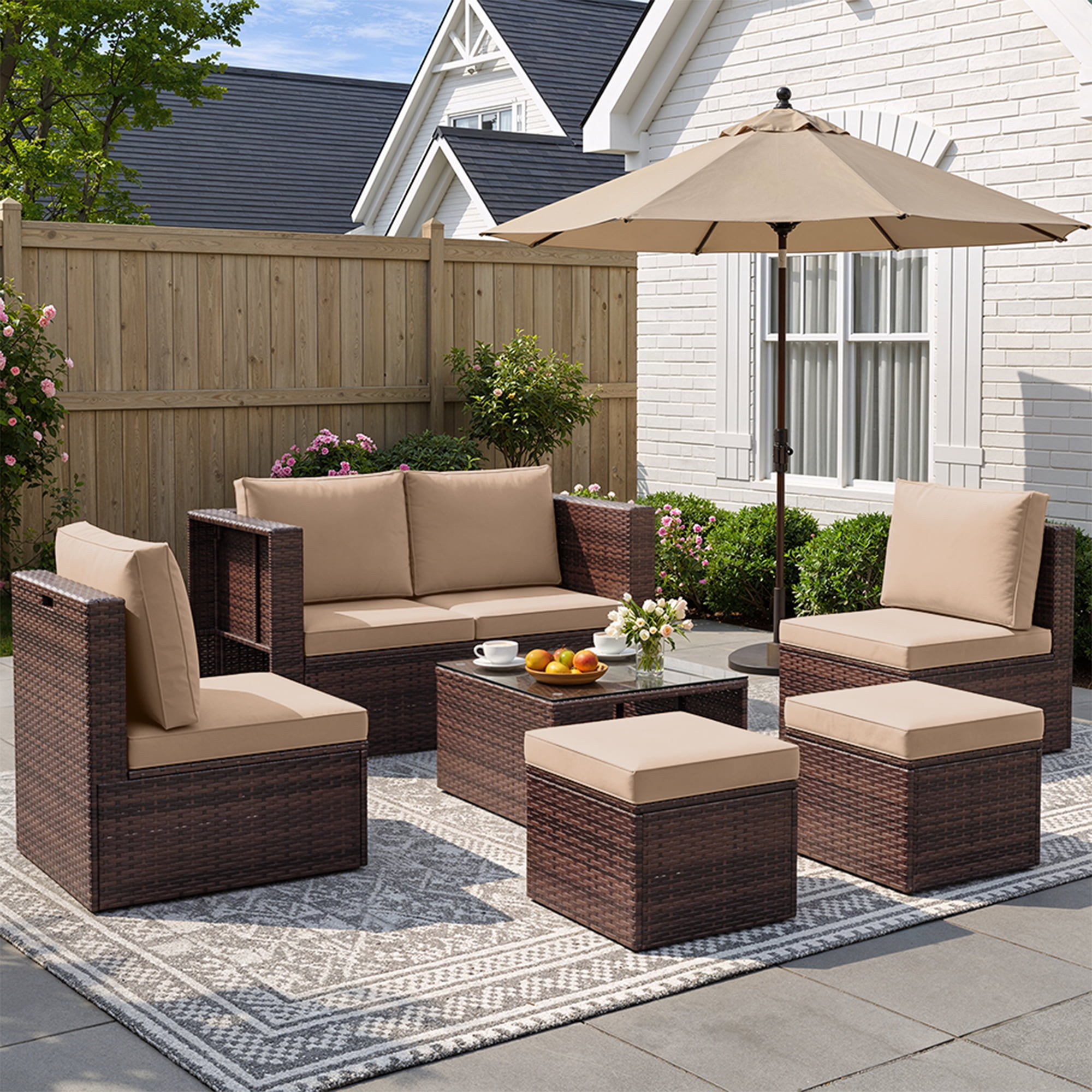 POTEBAN 6-Piece Space-Saving Patio Furniture Set, All Weather Brown Wicker Rattan Sectional Sofa with 2 Ottomans, Outdoor Conversation Set for Garden, Backyard, Khaki Cushions