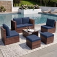 thumbnail image 1 of POTEBAN 6-Piece Space-Saving Patio Furniture Set, All Weather Brown Wicker Rattan Sectional Sofa with 2 Ottomans, Outdoor Conversation Set for Garden, Backyard, Navy Blue Cushions, 1 of 10