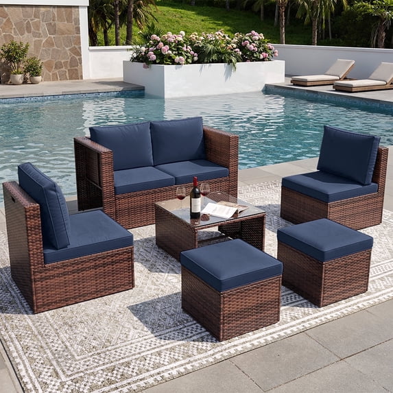 POTEBAN 6-Piece Space-Saving Patio Furniture Set, All Weather Brown Wicker Rattan Sectional Sofa with 2 Ottomans, Outdoor Conversation Set for Garden, Backyard, Navy Blue Cushions