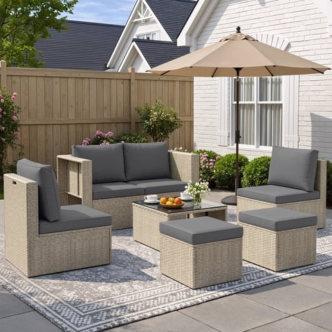 POTEBAN 6-Piece Space-Saving Patio Furniture Set, All Weather Gray Wicker Rattan Sectional Sofa with 2 Ottomans, Outdoor Conversation Set for Garden, Backyard, Gray Cushions