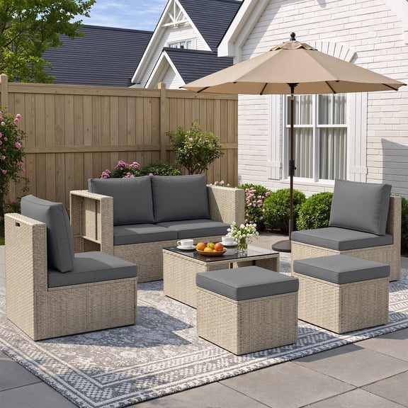 POTEBAN 6-Piece Space-Saving Patio Furniture Set, All Weather Gray Wicker Rattan Sectional Sofa with 2 Ottomans, Outdoor Conversation Set for Garden, Backyard, Gray Cushions