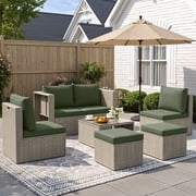 POTEBAN 6-Piece Space-Saving Patio Furniture Set, All Weather Gray Wicker Rattan Sectional Sofa with 2 Ottomans, Outdoor Conversation Set for Garden, Backyard, Green Cushions