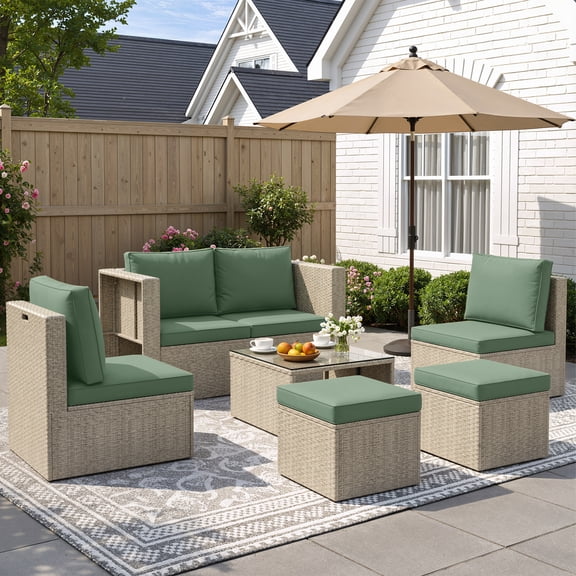 POTEBAN 6-Piece Space-Saving Patio Furniture Set, All Weather Gray Wicker Rattan Sectional Sofa with 2 Ottomans, Outdoor Conversation Set for Garden, Backyard, Green Cushions