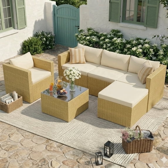 POTEBAN 6-Piece Outdoor Conversation Set,All-Weather Rattan Wicker Outdoor Patio Furniture Set with Ottoman, Single Chair, Cushions & Glass Table for Garden & Backyard,,Cream White