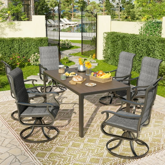 POTEBAN 7-Piece Outdoor Dining Set with High-Back Padded Swivel Chairs & Iron Rectangle Table for 4-Person, Khaki & Dark Grey