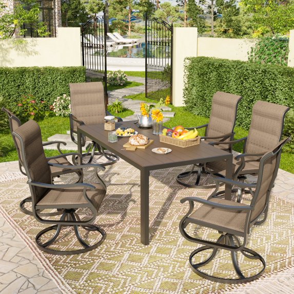 POTEBAN 7-Piece Outdoor Dining Set with High-Back Padded Swivel Chairs & Iron Rectangle Table for 4-Person, Khaki & Khaki