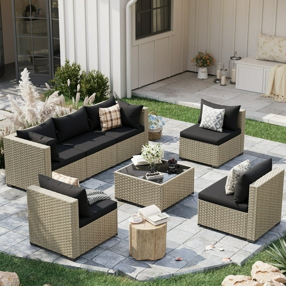 POTEBAN 7 Piece Outdoor Patio Furniture Set, Grey Rattan Wicker Outdoor Conversation Sectional Sofa Set with Cushions for Backyard, Black