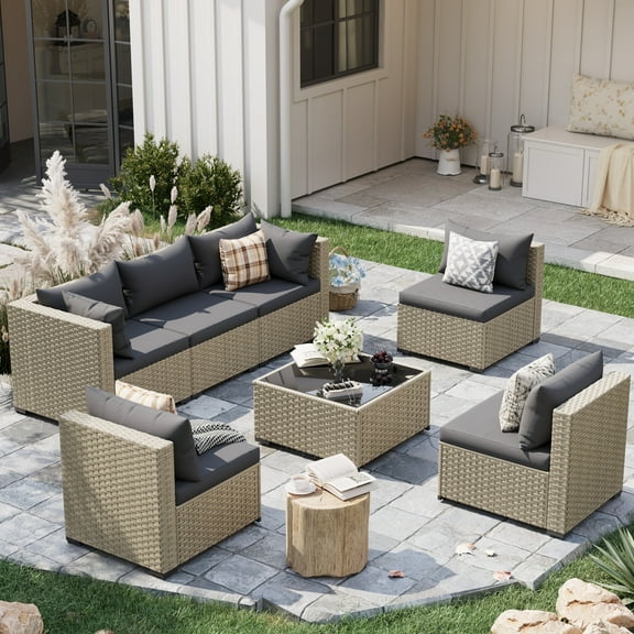 POTEBAN 7 Piece Outdoor Patio Furniture Set, Grey Rattan Wicker Outdoor Conversation Sectional Sofa Set with Cushions for Backyard, Gray