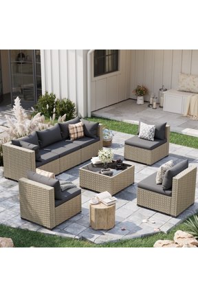 7 Piece Outdoor Patio Furniture Set, Grey Rattan Wicker Outdoor Conversation Sectional Sofa Set with Cushions for Backyard, Gray