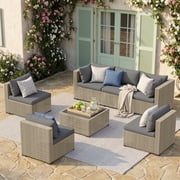POTEBAN 7 Piece Outdoor Patio Furniture Set, Grey Rattan Wicker Outdoor Conversation Sectional Sofa Set with Cushions for Backyard, Gray