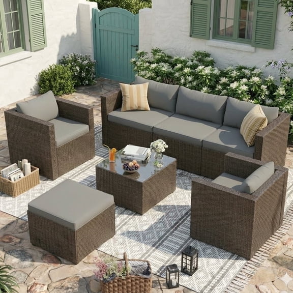 POTEBAN 7-Piece Patio Furniture Set,Outdoor Conversation Set All-Weather Rattan Wicker Outdoor Sectional Sofa Set with Ottoman for Garden & Backyard, Gray