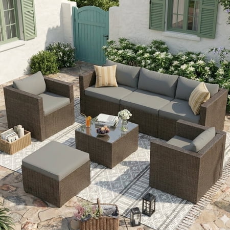 POTEBAN 7-Piece Patio Furniture Set,Outdoor Conversation Set All-Weather Rattan Wicker Outdoor Sectional Sofa Set with Ottoman for Garden & Backyard, Gray
