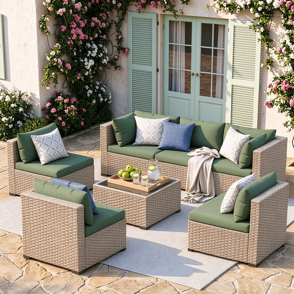 POTEBAN 7 Pieces Outdoor Patio Furniture Set, Grey Rattan Wicker Outdoor Conversation Sectional Sofa Set with Cushions for Backyard, Green