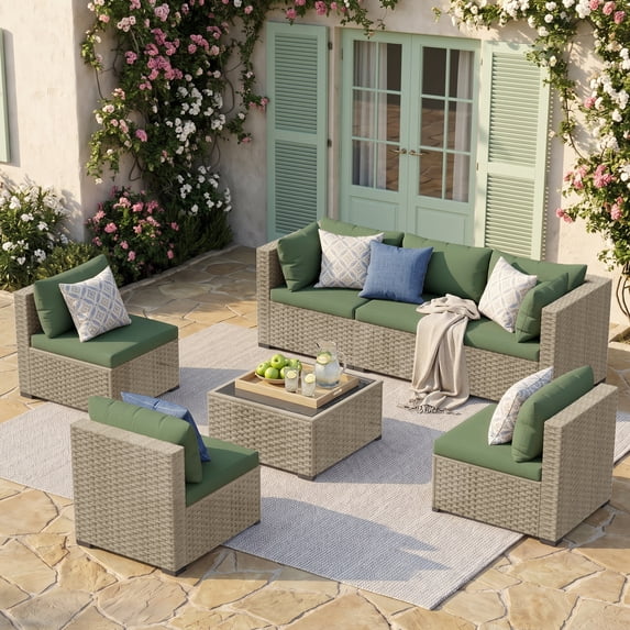 POTEBAN 7 Pieces Outdoor Patio Furniture Set, Grey Rattan Wicker Outdoor Conversation Sectional Sofa Set with Cushions for Backyard, Green