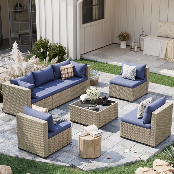 POTEBAN 7 Pieces Outdoor Patio Furniture Set, Grey Rattan Wicker Outdoor Conversation Sectional Sofa Set with Cushions for Backyard, Haze Blue
