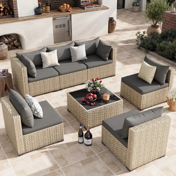 POTEBAN Patio Furniture Set, 7-Piece Outdoor Sectional All-Weather Wicker Patio Conversation Set for Backyard (Gray Cushions with Gray Rattan)