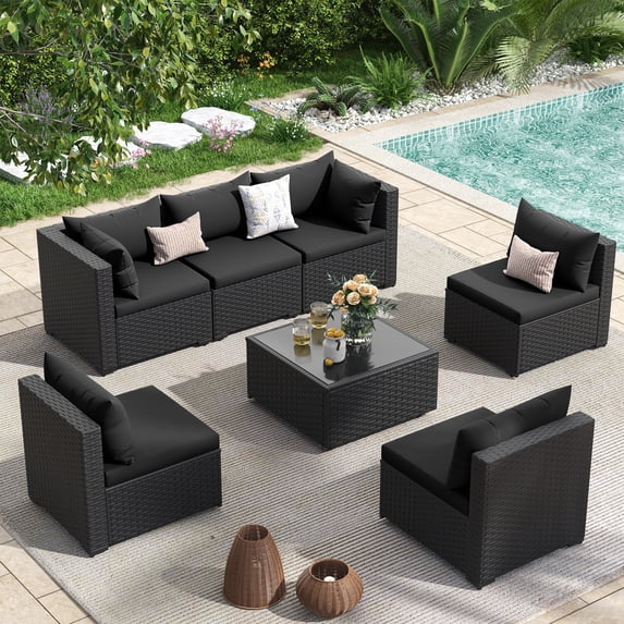 POTEBAN 7 Pieces Patio Conversation Set, Outdoor Black PE Wicker Sectional Sofa for Backyard Garden, Black