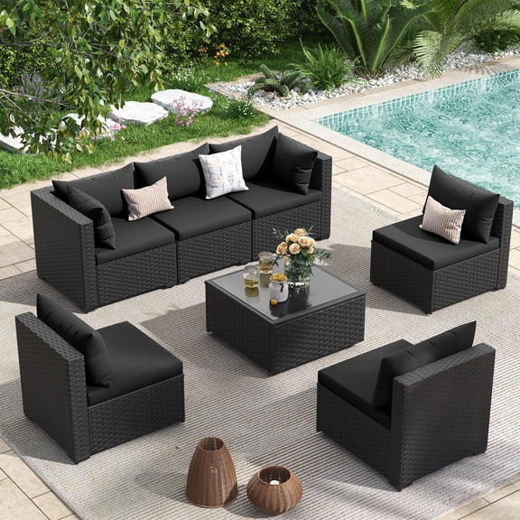 POTEBAN 7 Pieces Patio Conversation Set, Outdoor Black PE Wicker Sectional Sofa for Backyard Garden, Black