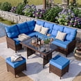 thumbnail image 1 of POTEBAN Outdoor Rattan 7-Piece Dining Set, Sectional Sofa Couch with Table & Chairs, All-Weather Conversation Set for Deck, Backyard,Blue, 1 of 10