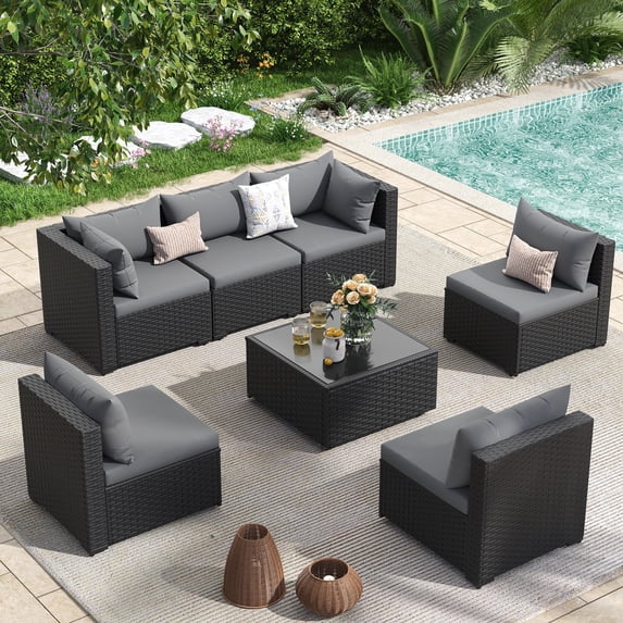 POTEBAN 8 Pieces Patio Conversation Set with 44" Fire Pit Table, Outdoor Black PE Wicker Sectional Sofa for Backyard Garden, Blue