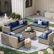 POTEBAN 9 PE Resin Weatherproof Outdoor Conversation Sets with Chairs and Table, Navy Blue