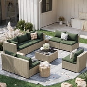 POTEBAN 9 Pieces Outdoor Patio Furniture Set, Grey Rattan Wicker Conversation Sectional Sofa Set with Cushions for Backyard. Green