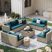 POTEBAN 9 Pieces Outdoor Sectional Sofa Set, Grey Rattan Wicker Outdoor Conversation Set with Cushions for Backyard, Peacock Blue